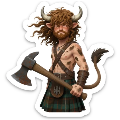 buff curly hairy man covered in dirt with freckles with messy light brown bangs that covers his face completely with bull horns and bull ears and bull tail dressed in kilt holding an axe with wind in his hair with belt around his chest sticker