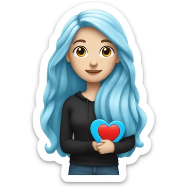 white girl with long blue hair in a black sweatshirt holding a blue heart sticker