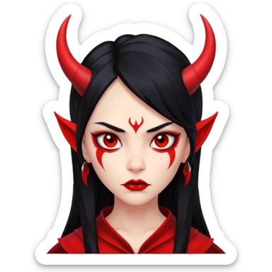 Head only: demon girl, 100% red skin, long black hair, small horns, sharp cheekbones, serious eyes, full lips, pointed ear; centered, no body, no text. sticker
