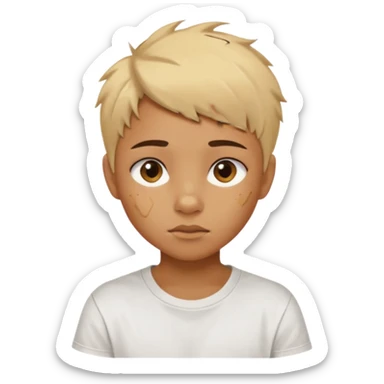 caramel skin color. Teen age. Short buzz, messy blonde hair, large expressive golden-brown eyes, brown skin color, scar over nose, wearing a plain white t-shirt. sticker