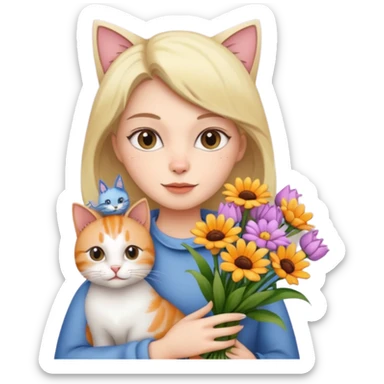 woman holding bouqet and cat sticker