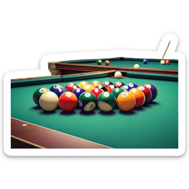 A billiard table with colorful balls arranged in a triangle, and a cue stick poised to break. The scene is set in a dimly lit room, with focused lighting highlighting the balls and table, emphasizing skill, precision, and strategy in the game of pool. sticker