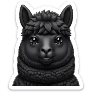 Cinematic Noble Black Alpaca Portrait Emoji, Poised and regal, with a striking, sturdy build and a sleek, well-groomed jet-black fleece, deep-set soulful dark eyes, Simplified yet sharp and sophisticated features, highly detailed, glowing with a soft, dignified glow, high shine, intelligent and mysterious, stylized with an air of elegant austerity, focused and attentive, soft glowing outline, capturing the essence of a watchful and confident companion, so majestic it feels as though it could stride out of the screen with effortless authority! sticker