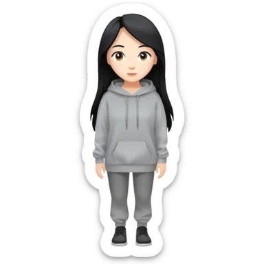 full-body female avatar, flat vector, long black hair, oversized sweatshirt, neutral background sticker