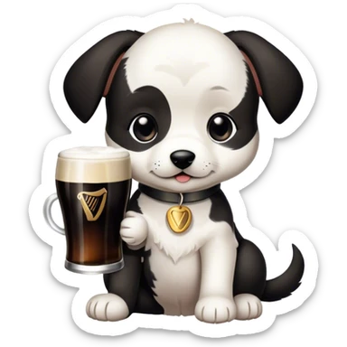 Black and white puppy drinking a Guinness  sticker