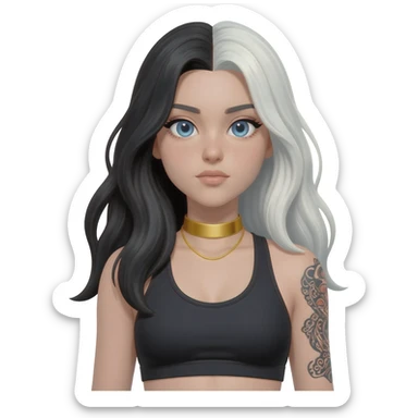 Emoji with blue eyes girl with long black and white hair wearing a gold choker neckless wearing black sports bra tattoo on right arm sticker
