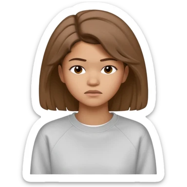 Zendaya upset in a plain white sweatshirt, unhappy face, hair till shoulders combed to the right side sticker