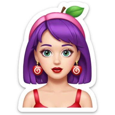 Katy Perry as an apple style emoji, inspired by 'California Gurls', candy-themed accessories, no text sticker