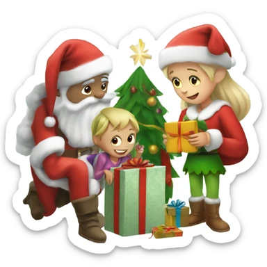 Small child opening christmas presents with santa and an elf sticker