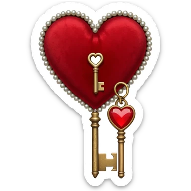 red heart with a gothic key, velvet ribbon, and pearls, dark romance sticker