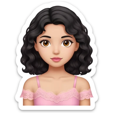 A girl with morena skin tone and black wavy hair wearing pink lace top sticker