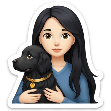A girl with long black hair and a black golden retriever sticker