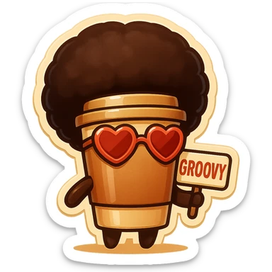 Tall coffee cup, no mouth, afro, heart glasses, holding sign "groovy" sticker