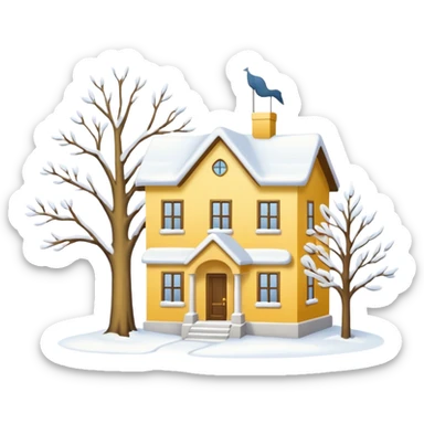 Yellow-white house. A small tree. Winter sticker