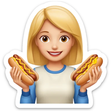 A girl holding two hot dogs, smiling proudly before eating.






















 sticker