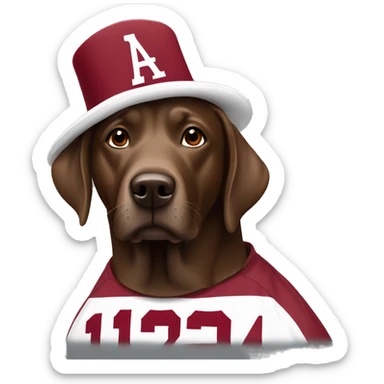 Brown lab wearing Alabama football hat sticker