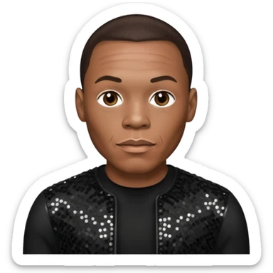 Dr Dre with dark brown hair, black sequin outfit sticker