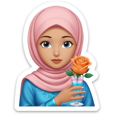 Turkish beautiful finish Konya girl blue eyes with light pink hijab islamic dress and had on her hand Glittery rose mocktail with orange light pink roses sticker