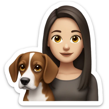 white girl with dark brown long hair, dark brown eyes and small beagle Dog sticker