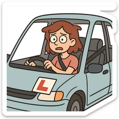 learner driver sitting in a car with visible L-plate, simple clear composition, cartoon style sticker