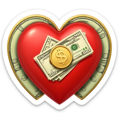 "Realistic HD heart fully merged with money, red glossy heart seamlessly fused with cash textures and gold tones, glowing dramatic light, symbolizing love and wealth becoming one, white background." sticker