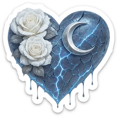 Edit the gothic heart to feature splintered deep white glass, silver crescent moon, white roses, holographic stardust, neon lightning, and a wet look. Keep the background transparent. Maintain the gothic heart style and transparent background. sticker