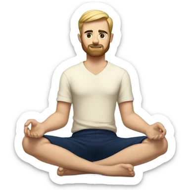 european man meditating sitting down with cream shirt and navy blue pants.  sticker