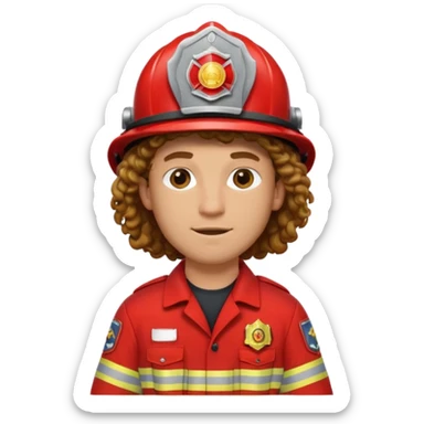 Firefighter man curly long hair with red uniform sticker