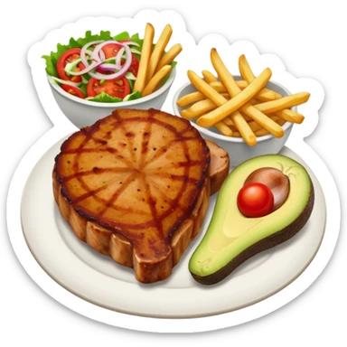 pork chops, fries, tomato onion salad, and avocado  sticker