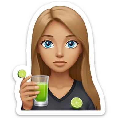 tan woman, black shirt, long light brown straight hair, grey blue eyes, holding a shot with lime sticker