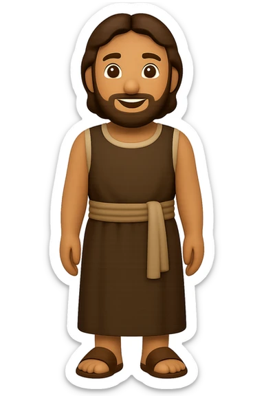 Create a centered full body image of Apostle Peter facing straight, wearing a sleeveless shirt and plain robes in classic emoji style. Use a brown clothes color palette with beige details in reverse color palette. He should have a full beard and be smiling with no background. The style should mimic classic emoji style with no background. sticker