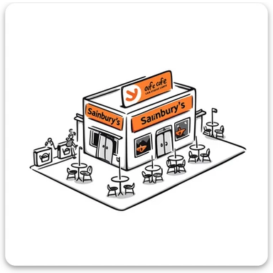 Isometric Sainsbury's supermarket with orange branding, Nectar card logo visible, shopping trolley collection points, and cafe area with outdoor seating sticker