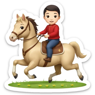 l little chinese baby boy riding on a  cute horse running on the grass with 2026 year label sticker