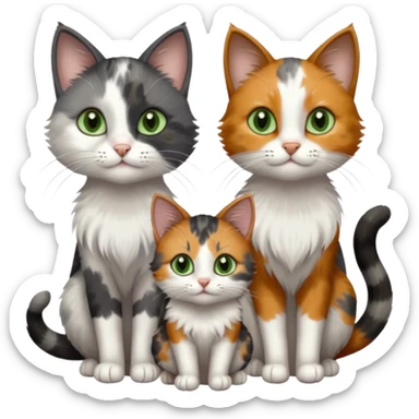 3 different coloured small cats including a dark grey and white, and a patchy calico with hazel eyes and a completely solid dark grey with green eyes and only white paws sticker