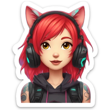 Anime cat gamer girl cyberpunk neon red hair tattoo sticker
