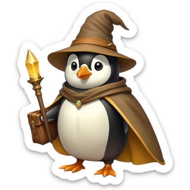 A wizard-explorer penguin inspired by Indiana Jones, wearing a weathered yellow enchanted hat and a flowing cape. It carries a leather satchel with ancient scrolls. Cartoon-style, smooth shading, highly detailed, no background sticker