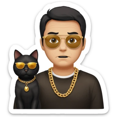 Freaky Larry is a cat with a gold chain and sunglasses standing behind a scared man with no facial hair. Make sure the cat is black sticker