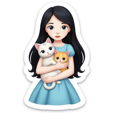 A beautiful girl with long black hair wearing a dress hugs a cat of three colors sticker