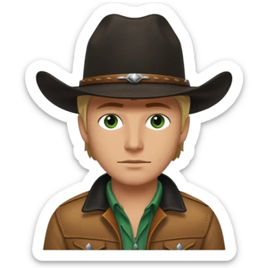 yellowstone ranch cowboy with black cowboy hat, black t-shirt, leather tan jacket, and green eyes sticker