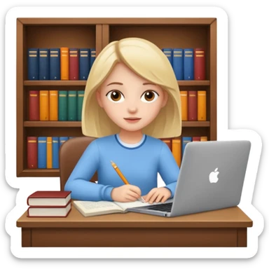 girl at a desk with books and laptop, studying sticker