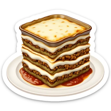 Cinematic Realistic Moussaka Dish Emoji, depicted with layers of eggplant, minced meat, and b√©chamel sauce rendered with rich textures and warm, inviting lighting that captures its Mediterranean flavor. sticker