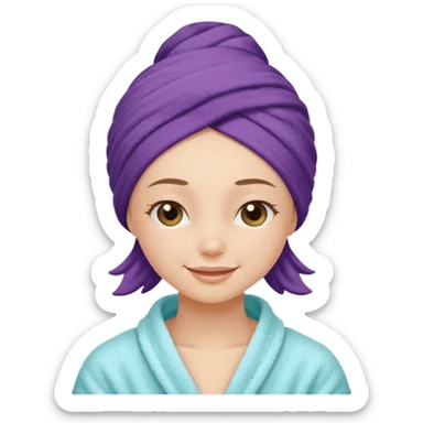 cute girl with her eyes closed and smiling, wearing a spa towel as her clothes in she has a spa towel on her head with no visible hair sticker