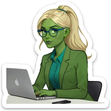  girl with blue eyes, blonde hair working with Mac  sticker