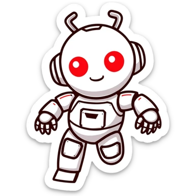 modern face of a black robot with white led eyes, red leds on robot, brave pose, smiling sticker