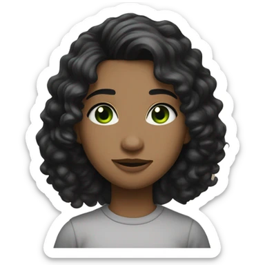 long curly black hair,eyes with a hint of green, eyes positive  canthal tilt ,medium thick shaped eyebrows , and medium thin lips, round face shape, soft jawline, full body, teen, sensual, american sticker