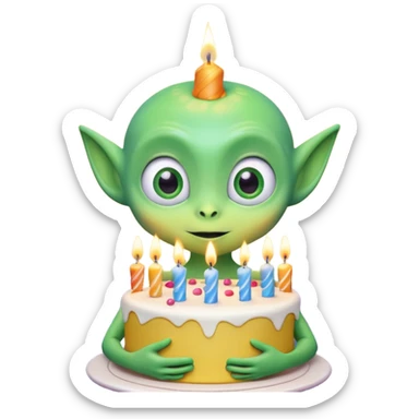A cute friendly alien holding a birthday cake with candles, big expressive eyes, bright colors, cartoon style, playful atmosphere, 3D animated look, Pixar-inspired, highly detailed
 sticker