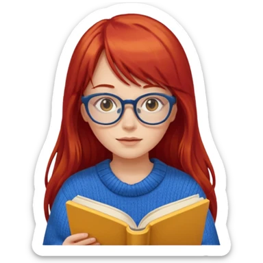 a girl with long red hair and bangs with glasses wearing blue sweater reading a yellow cover book sticker