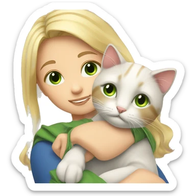 A girl with blonde hair and green eyes hugs a tricolor cat sticker