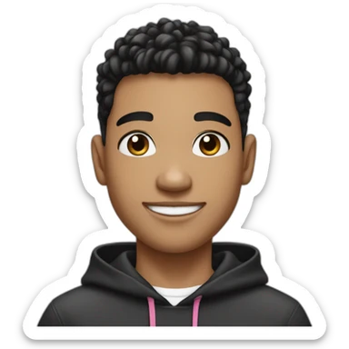 a white boy with taper fades hairstyle, smiling, with black har, black eyebrown, black eyes, in a hoddie with white teeth and pink lips sticker