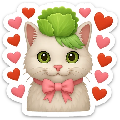 Make the hearts larger around the white cat with a pink bow and a green lettuce crown in the style of emoji. Remove the background. sticker